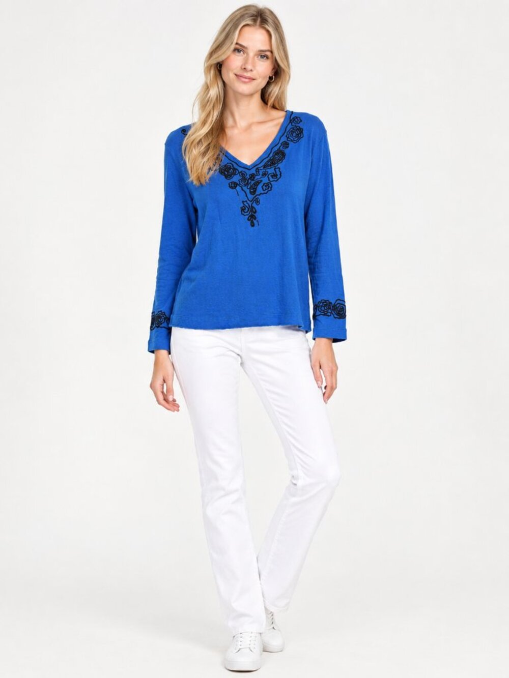 2/$30 Chico's Floral Embroidered V-Neck Long Sleeve Cotton Tee Cobalt 12 #A4633